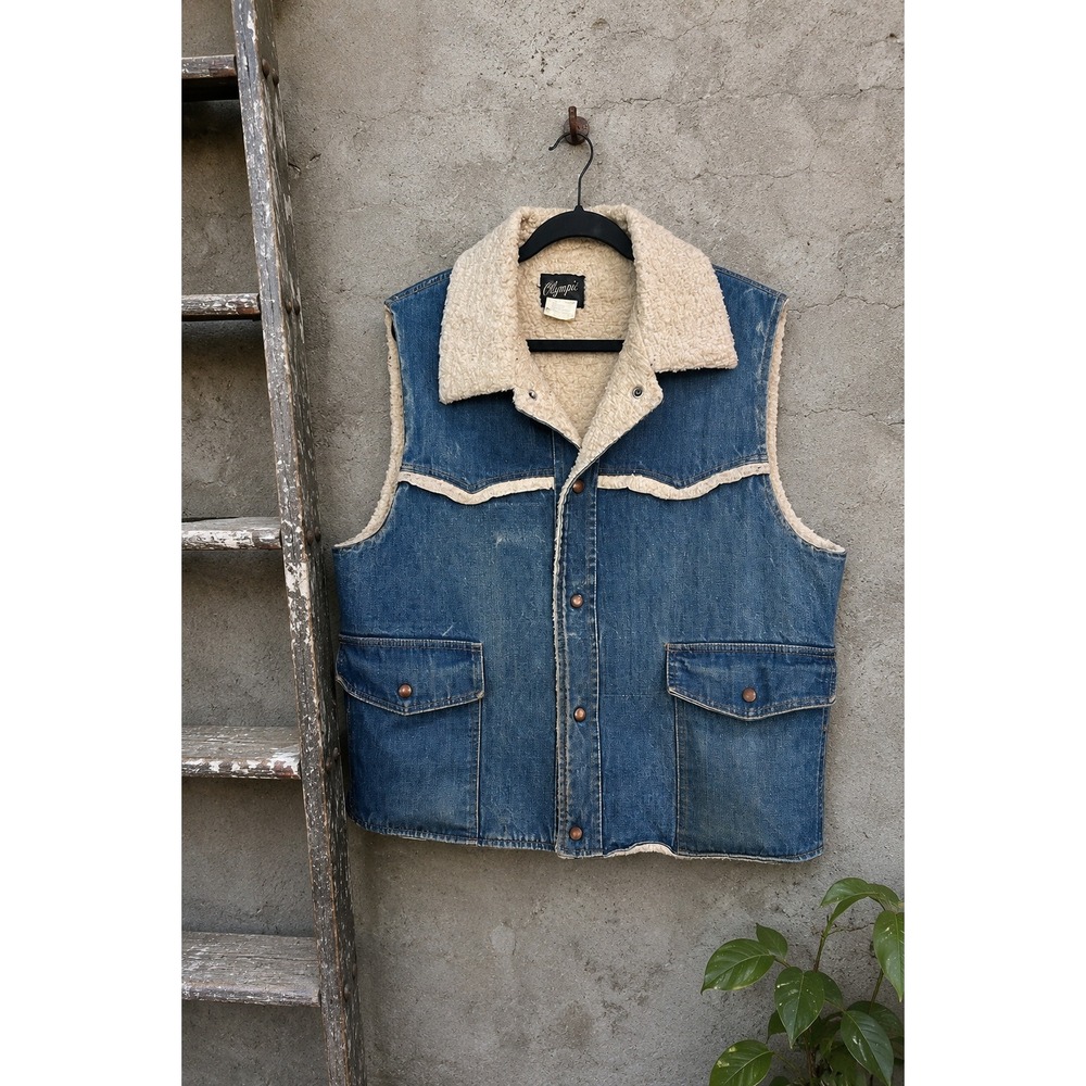Vintage Olympic Sherpa Lined Denim Vest Men's XL Blue Trucker Grunge Streetwear